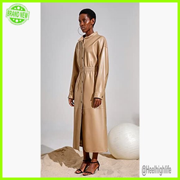 Genuine Lambskin Leather Trench Coat Maxi Length Slim Fit Stand Collar - Picture 4 of 5